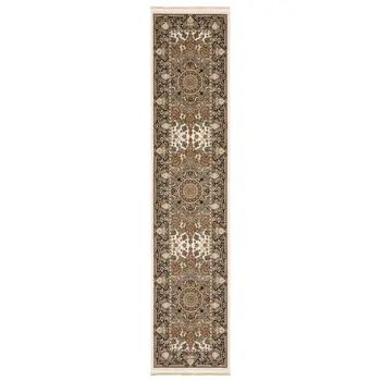 10' Ivory Brown And Black Medallion Runner Rug With Fringe