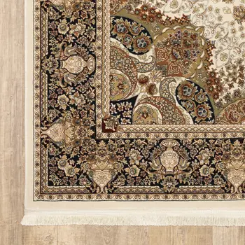 10' Ivory Brown And Black Medallion Runner Rug With Fringe