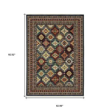 5' X 8' Navy Blue Red And Orange Oriental Area Rug With Fringe