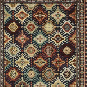 7' X 10' Navy Blue Red And Orange Oriental Area Rug With Fringe