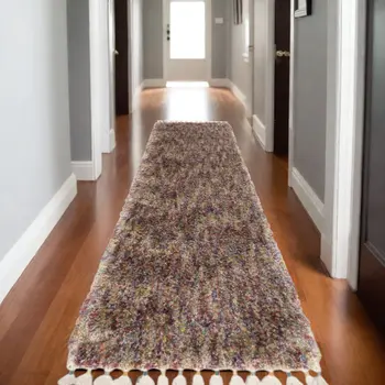 8' Red Orange And Yellow Abstract Shag Runner Rug With Fringe