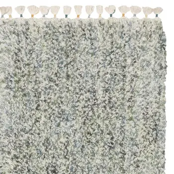 8' Light Blue And Ivory Abstract Shag Runner Rug With Fringe