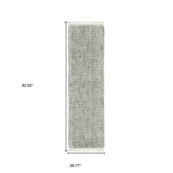 8' Light Blue And Ivory Abstract Shag Runner Rug With Fringe
