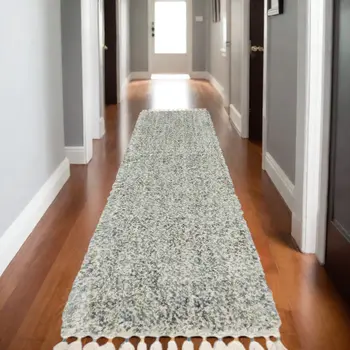 8' Light Blue And Ivory Abstract Shag Runner Rug With Fringe