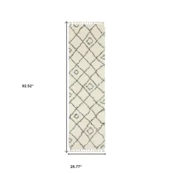 8' Ivory Black And Tan Diamond Shag Runner Rug With Fringe