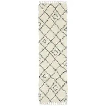 8' Ivory Black And Tan Diamond Shag Runner Rug With Fringe