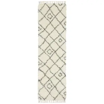 8' Ivory Black And Tan Diamond Shag Runner Rug With Fringe