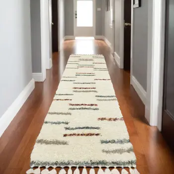 8' Ivory Gray And Tan Striped Shag Runner Rug With Fringe