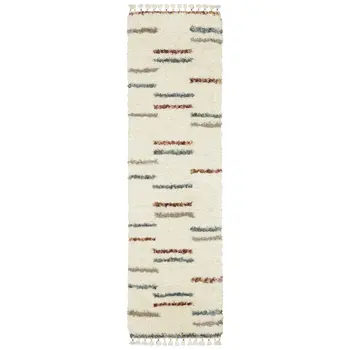 8' Ivory Gray And Tan Striped Shag Runner Rug With Fringe