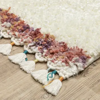 8' Ivory Gray And Tan Striped Shag Runner Rug With Fringe