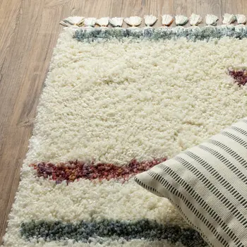 8' Ivory Gray And Tan Striped Shag Runner Rug With Fringe