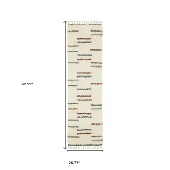 8' Ivory Gray And Tan Striped Shag Runner Rug With Fringe
