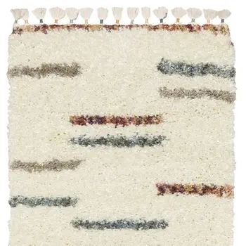 8' Ivory Gray And Tan Striped Shag Runner Rug With Fringe