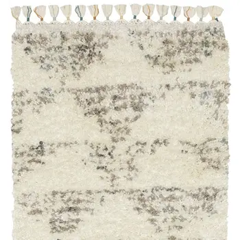 8' Ivory Gray And Teal Geometric Shag Runner Rug With Fringe