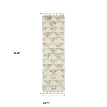 8' Ivory Gray And Teal Geometric Shag Runner Rug With Fringe