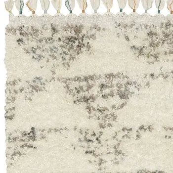 8' Ivory Gray And Teal Geometric Shag Runner Rug With Fringe
