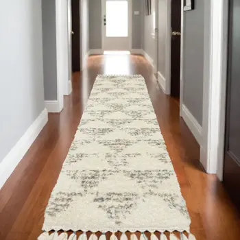 8' Ivory Gray And Teal Geometric Shag Runner Rug With Fringe
