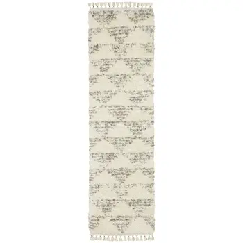 8' Ivory Gray And Teal Geometric Shag Runner Rug With Fringe