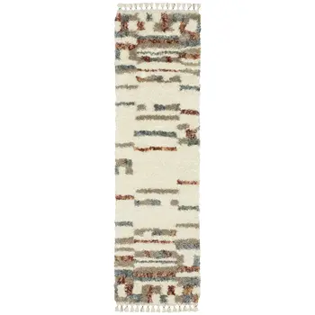 8' Ivory Tan And Red Abstract Shag Runner Rug With Fringe