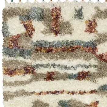 8' Ivory Tan And Red Abstract Shag Runner Rug With Fringe