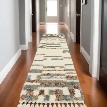 8' Ivory Tan And Red Abstract Shag Runner Rug With Fringe