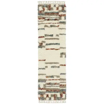 8' Ivory Tan And Red Abstract Shag Runner Rug With Fringe