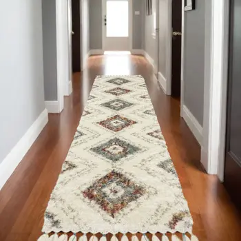8' Ivory Gray And Red Southwestern Shag Runner Rug With Fringe