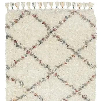 8' Ivory Gray And Red Diamond Shag Runner Rug With Fringe