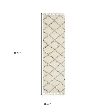 8' Ivory Gray And Red Diamond Shag Runner Rug With Fringe