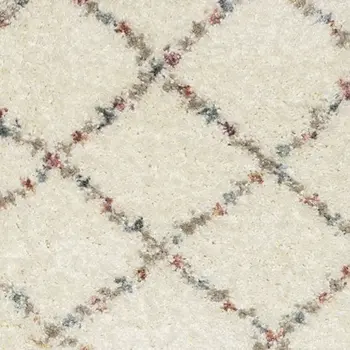 8' Ivory Gray And Red Diamond Shag Runner Rug With Fringe