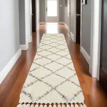 8' Ivory Gray And Red Diamond Shag Runner Rug With Fringe