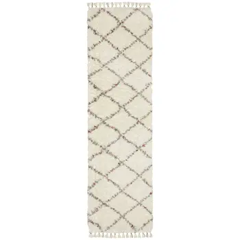 8' Ivory Gray And Red Diamond Shag Runner Rug With Fringe