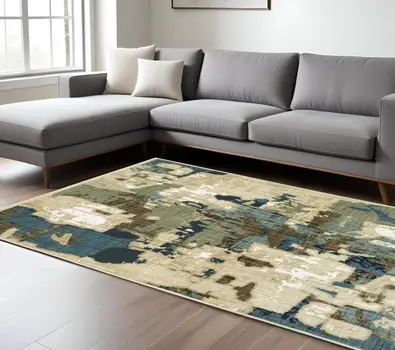 8' X 11' Beige Brown And Blue Abstract Area Rug