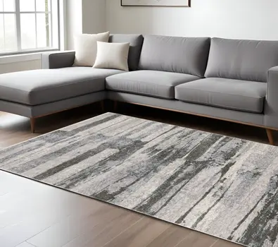 8' X 11' Gray And Ivory Abstract Area Rug With Fringe