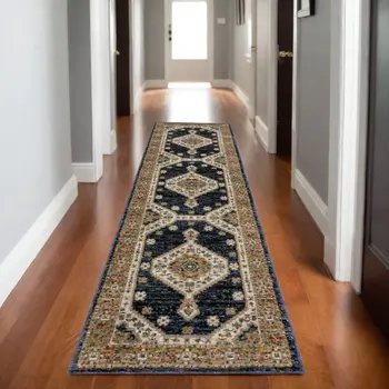 8' Blue And Orange Medallion Runner Rug