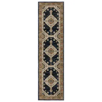 8' Blue And Orange Medallion Runner Rug