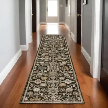 8' Brown Gray And Tan Oriental Runner Rug