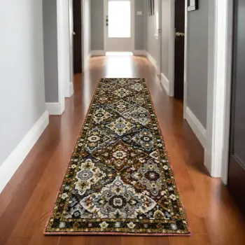 8' Red Brown And Orange Medallion Runner Rug
