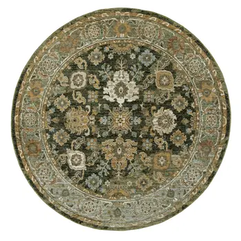 8' Green And Gold Oriental Round Rug