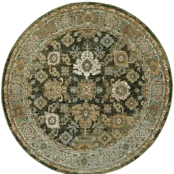 8' Green And Gold Oriental Round Rug