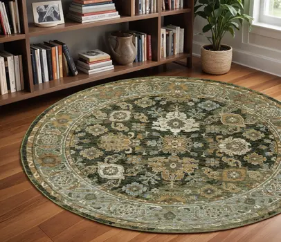 8' Green And Gold Oriental Round Rug