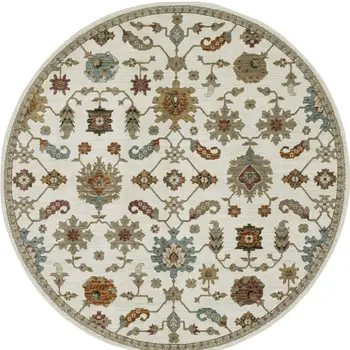 8' Ivory Gray And Light Blue Oriental Round Rug