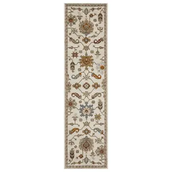 8' Ivory Gray And Orange Oriental Runner Rug