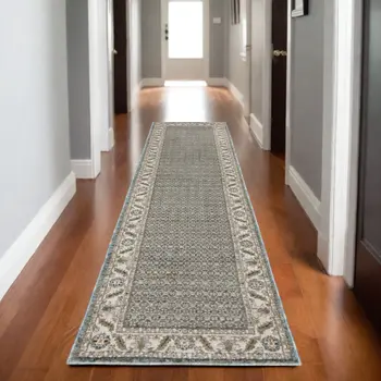 8' Blue And Ivory Oriental Runner Rug