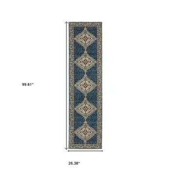 8' Blue And Gold Medallion Runner Rug