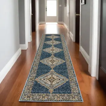 8' Blue And Gold Medallion Runner Rug