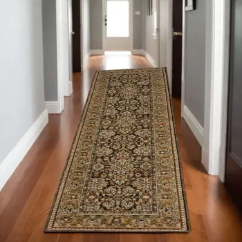 8' Brown And Gold Oriental Runner Rug
