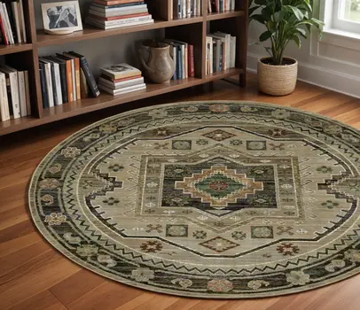 8' Gray And Green Tribal Round Rug