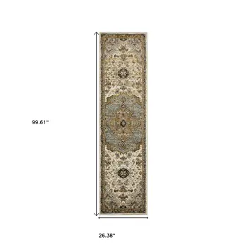 8' Ivory And Blue Oriental Runner Rug