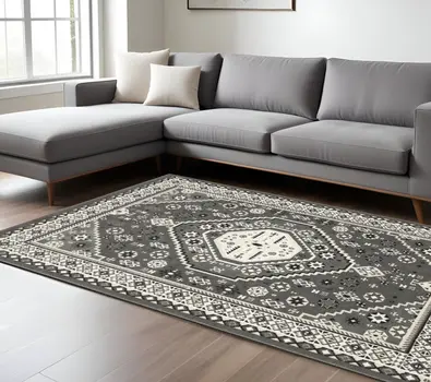 8' X 11' Gray And Ivory Medallion Area Rug